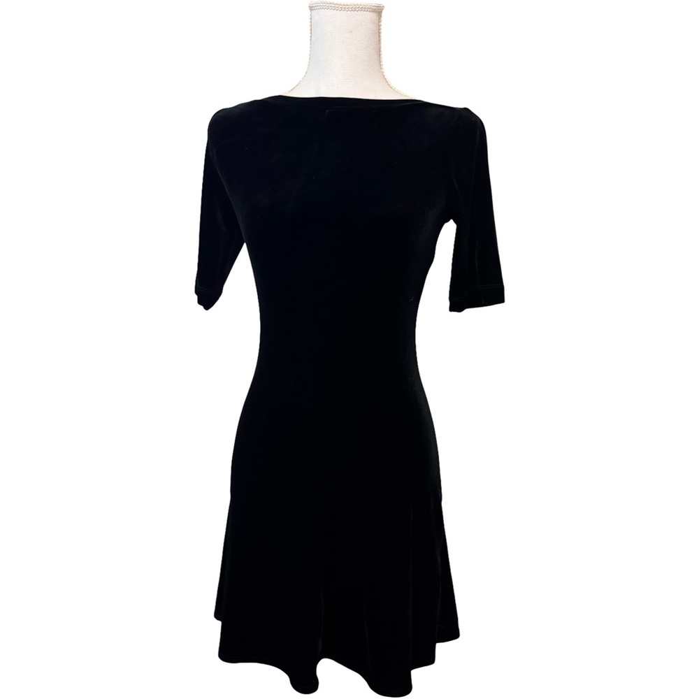 BCBG Black Velvet Mini Dress with Bateau Neckline